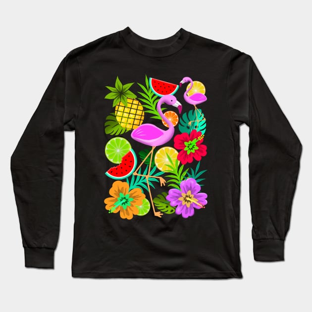 Flamingo, Pineapple, Watermelon Summer Fun Pattern Long Sleeve T-Shirt by BluedarkArt